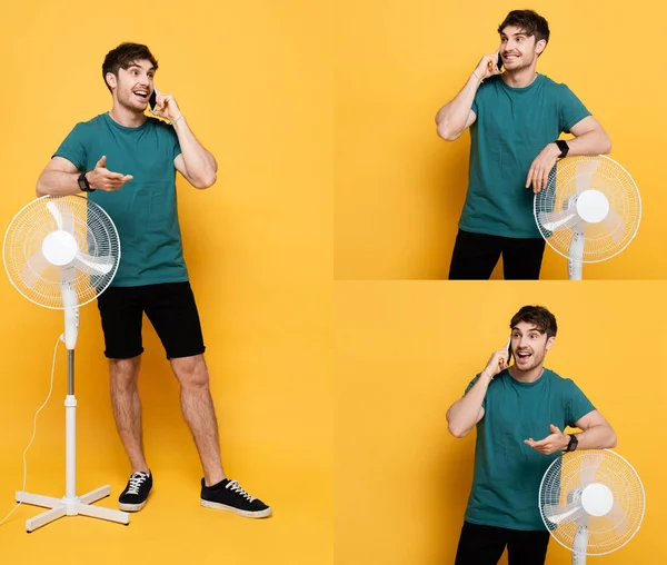 Collage eines glücklichen jungen Mannes, der auf dem Smartphone spricht, während er in der Nähe eines elektrischen Ventilators auf gelb steht — Stockfoto