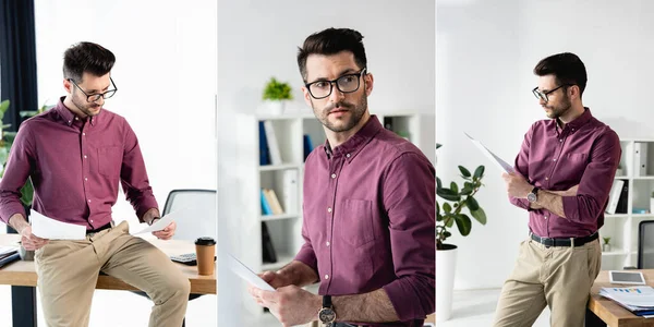 Collage of young, confident businessman in eyeglasses studying documents in office, horizontal image — Stock Photo