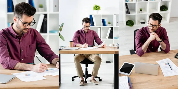 Colagem de empresário escrevendo em papéis e sentado com as mãos dobradas na mesa com dispositivos digitais, imagem horizontal — Fotografia de Stock