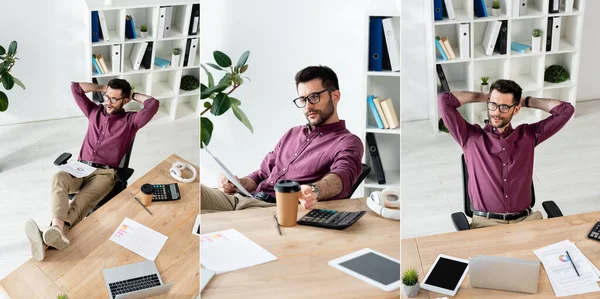 Collage de hombre de negocios guapo sentado con las piernas en la mesa y las manos detrás de la cabeza, y tomando café para llevar, imagen horizontal — Stock Photo
