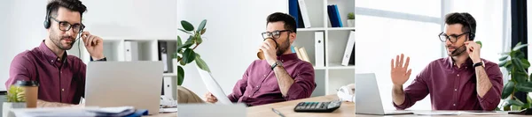 Колаж молодого бізнесмена жестикулює під час відеочату на ноутбуці і п'є каву, щоб йти, горизонтальне зображення — стокове фото
