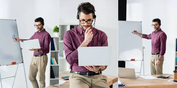 Collage of young serious businessman in headset writing on clipboard during video conference on laptop, panoramic shot — Stock Photo