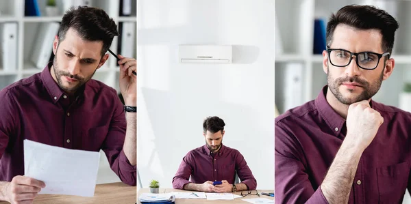Коллаж серьезного бизнесмена, читающего документ, использующего ноутбук и смотрящего в камеру — стоковое фото
