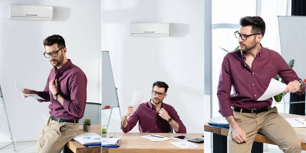 Collage of exhausted businessman waving paper while suffering from heat in office — Stock Photo