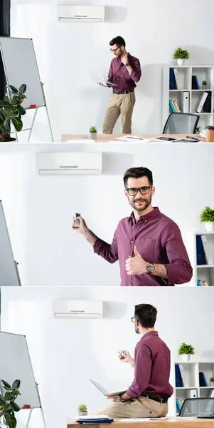 Collage de l'homme d'affaires tenant l'ordinateur portable, souffrant de chaleur, allumant le climatiseur et montrant pouce vers le haut — Photo de stock