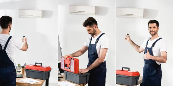 Collage della cassetta degli attrezzi di apertura del riparatore, tenendo il telecomando del condizionatore d'aria e mostrando pollice su, immagine orizzontale — Foto stock