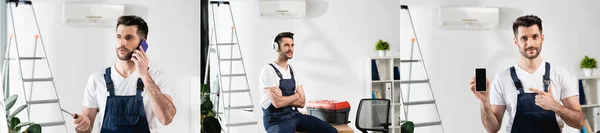 Collage de reparador hablando por teléfono, sentado en auriculares inalámbricos, apuntando al teléfono inteligente con pantalla en blanco, imagen horizontal — Stock Photo