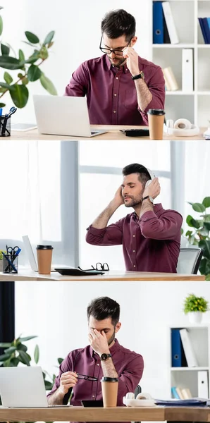 Collage of businessman working on laptop and listening music in wireless headphones near coffee to go — Stock Photo