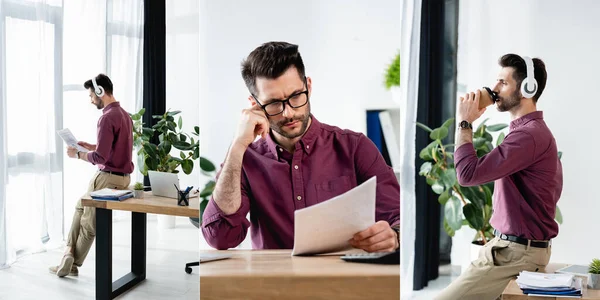 Collage de hombre de negocios mirando papeles y tomando café para ir en auriculares inalámbricos, orientación panorámica - foto de stock