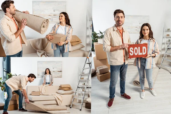 Collage of young couple holding nameplate with sold lettering while moving in living room — Stock Photo