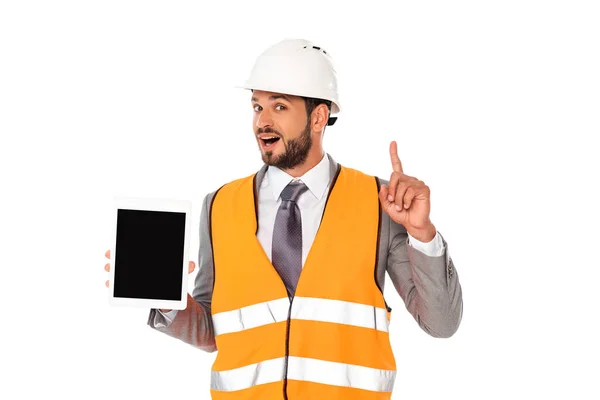 Handsome engineer having idea while holding digital tablet with blank screen isolated on white — Stock Photo