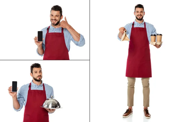 Collage of smiling waiter holding smartphone, paper bag and paper cups and tray with cloche on white background — Stock Photo