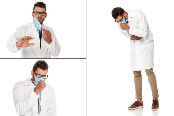 Collage of scared and diseased doctor in medical mask on white background — Stock Photo