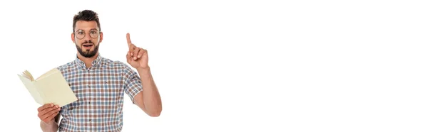 Panoramic crop of excited nerd having idea and holding book isolated on white — Stock Photo