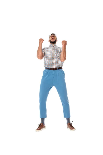 Cheerful nerd showing yeah gesture isolated on white — Stock Photo