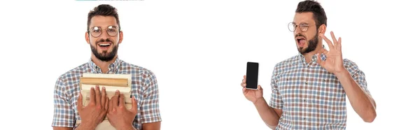 Collage of smiling nerd with books showing ok while holding smartphone isolated on white — Stock Photo