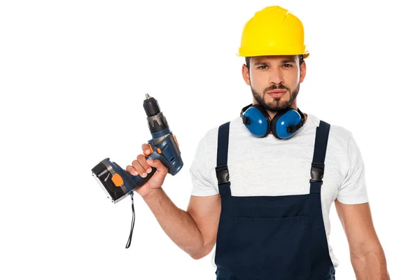 Handsome workman holding electric screwdriver isolated on white — Stockfoto