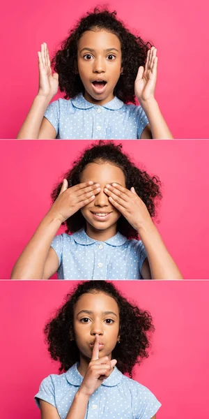Collage of cute curly african american kid showing three wise monkeys isolated on pink — Stock Photo