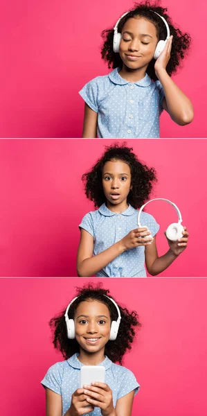 Collage di scioccato e sorridente carino riccio afroamericano bambino con cuffie e smartphone isolato su rosa — Foto stock