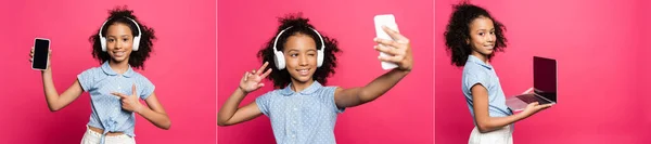 Collage eines lächelnden afrikanisch-lockigen Kindes mit Kopfhörern, Smartphone und Laptop isoliert auf rosa — Stockfoto