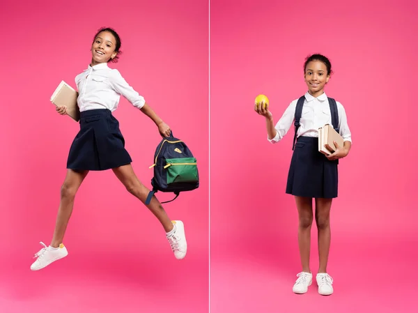 Колаж усміхненої афроамериканської школярки стрибає з рюкзаком і книгами на рожевому фоні — стокове фото
