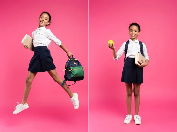 Collage di sorridente studentessa afroamericana che salta con zaino e libri su sfondo rosa — Foto stock