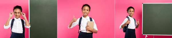 Collage de colegiala afroamericana feliz con libro y mochila cerca de pizarra aislada en rosa - foto de stock