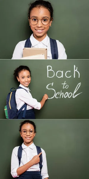 Collage of smiling african american schoolgirl with backpack writing back to school inscription on green chalkboard — Stock Photo