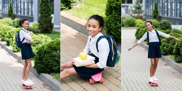 Collage of african american schoolgirl riding penny board — Stock Photo