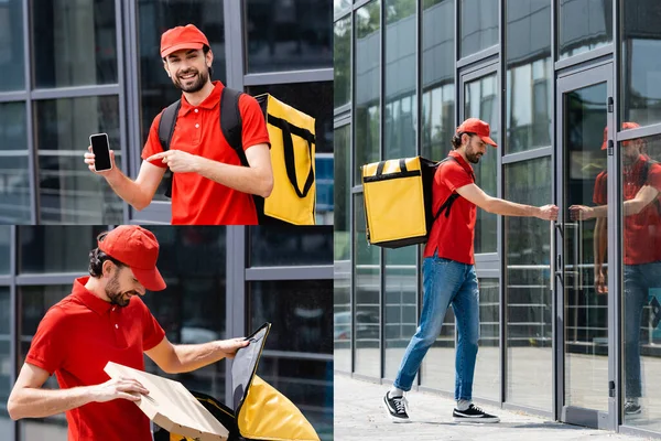 Collage de mensajero sonriente sosteniendo la caja de pizza, apuntando con el dedo al teléfono inteligente y abriendo la puerta del edificio en la calle urbana - foto de stock