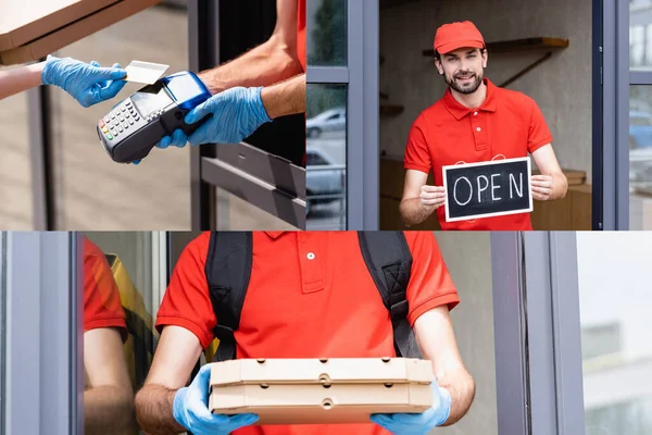 Collage de femme payant avec carte de crédit et courrier souriant tenant boîtes à pizza et enseigne avec lettrage ouvert près du café dans la rue urbaine — Photo de stock