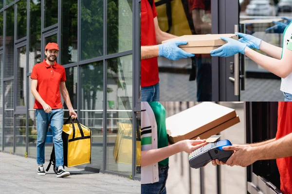 Collage d'un livreur souriant donnant des boîtes à pizza à une femme payant par carte de crédit dans une rue urbaine — Photo de stock