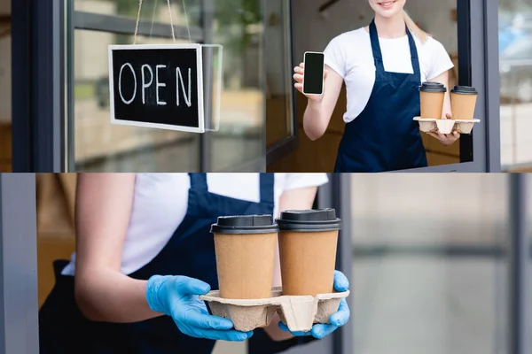 Колаж вивіски з відкритим словом, офіціантка в латексних рукавичках, що тримає паперові чашки, смартфон — стокове фото