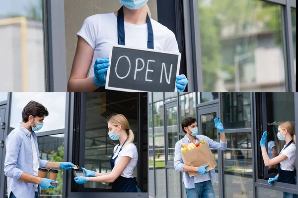 Collage of signboard, man paying with credit card, holding shopping bag and waving hand to saleswoman near building — Stock Photo