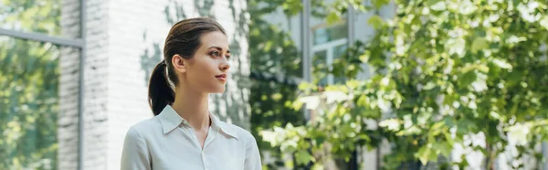 Récolte panoramique d'attrayant et jeune femme d'affaires à l'extérieur — Photo de stock