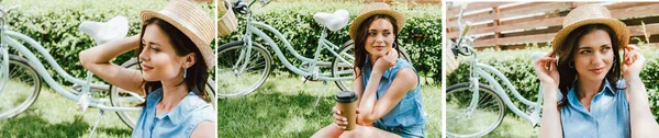 Colagem de menina em chapéu de palha segurando copo de papel e sentado perto de bicicleta — Fotografia de Stock