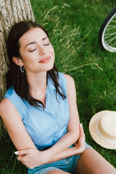 Vista de alto ângulo de mulher bonita sorrindo enquanto sentado perto de tronco de árvore e chapéu de palha — Fotografia de Stock