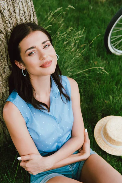 Visão de alto ângulo da bela mulher sorrindo enquanto sentada perto do tronco da árvore e olhando para a câmera — Fotografia de Stock