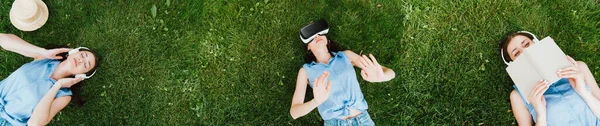 Коллаж привлекательной женщины, лежащей на траве, слушающей музыку, держащей книгу и использующей vr — стоковое фото