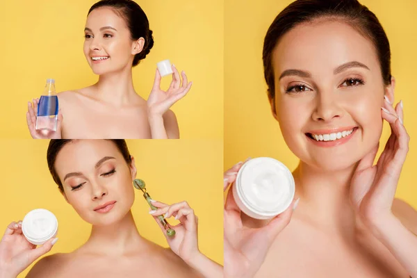 Collage of smiling naked beautiful woman holding micellar water, cosmetic cream and jade roller isolated on yellow — Stock Photo