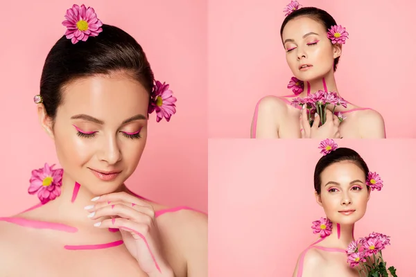 Colagem de mulher bonita nua com linhas rosa no corpo e crisântemos isolados em rosa — Fotografia de Stock