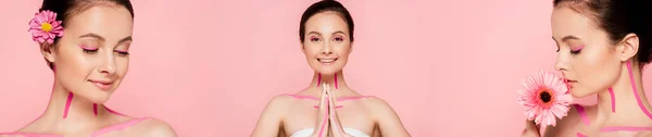 Collage de mujer hermosa desnuda feliz con líneas rosadas en el cuerpo y flores aisladas en rosa, plano panorámico - foto de stock