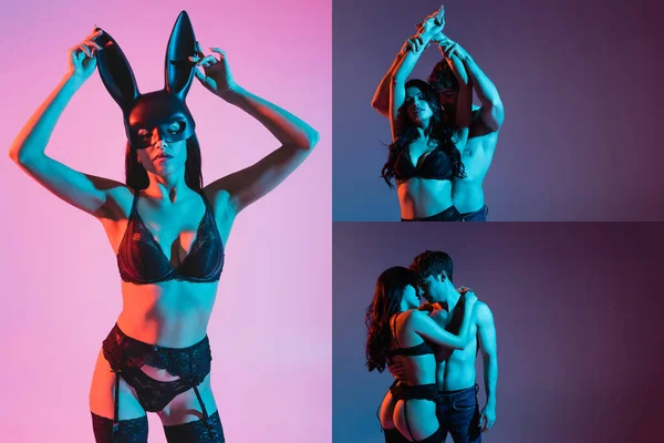 Collage de mujer seductora en ropa interior sexy tocando máscara con orejas de conejo y pareja abrazándose en púrpura - foto de stock