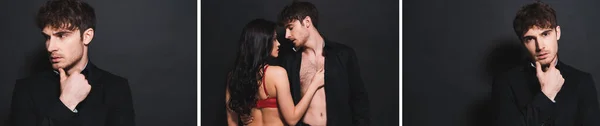 College of passionate woman in red lingerie touching man on black — Stock Photo