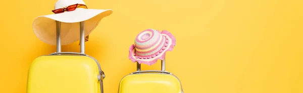 Bolsas de viaje madre e hija con sombreros y gafas de sol aislados en amarillo, tiro panorámico - foto de stock