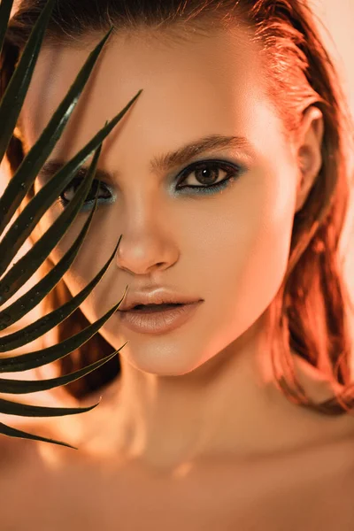 Close up of beautiful woman with makeup looking at camera near palm leaf — Stock Photo