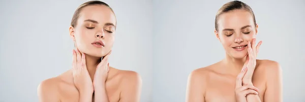 Collage of naked woman touching neck and face while smiling isolated on grey — Stock Photo