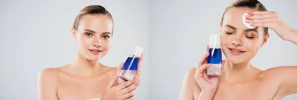 Collage di donna felice e nuda che tiene la bottiglia e applica toner con batuffolo di cotone isolato su grigio — Foto stock