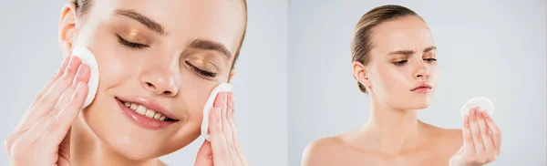 Colagem de mulher nua sorrindo enquanto segurando almofadas de algodão perto do rosto limpo isolado no cinza — Fotografia de Stock