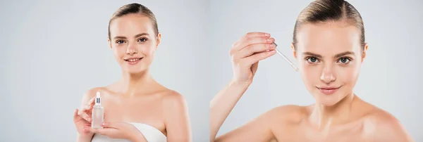 Collage of happy woman holding bottle and pipette while applying serum isolated on grey — Stock Photo